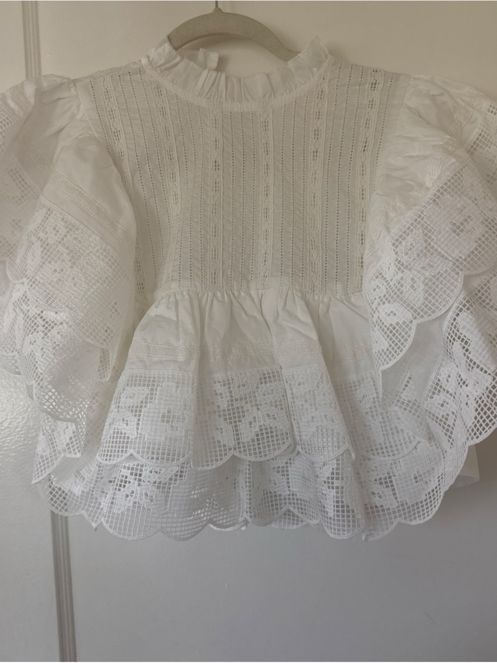Sezane White Eyelet Lace Ruffle Blouse
